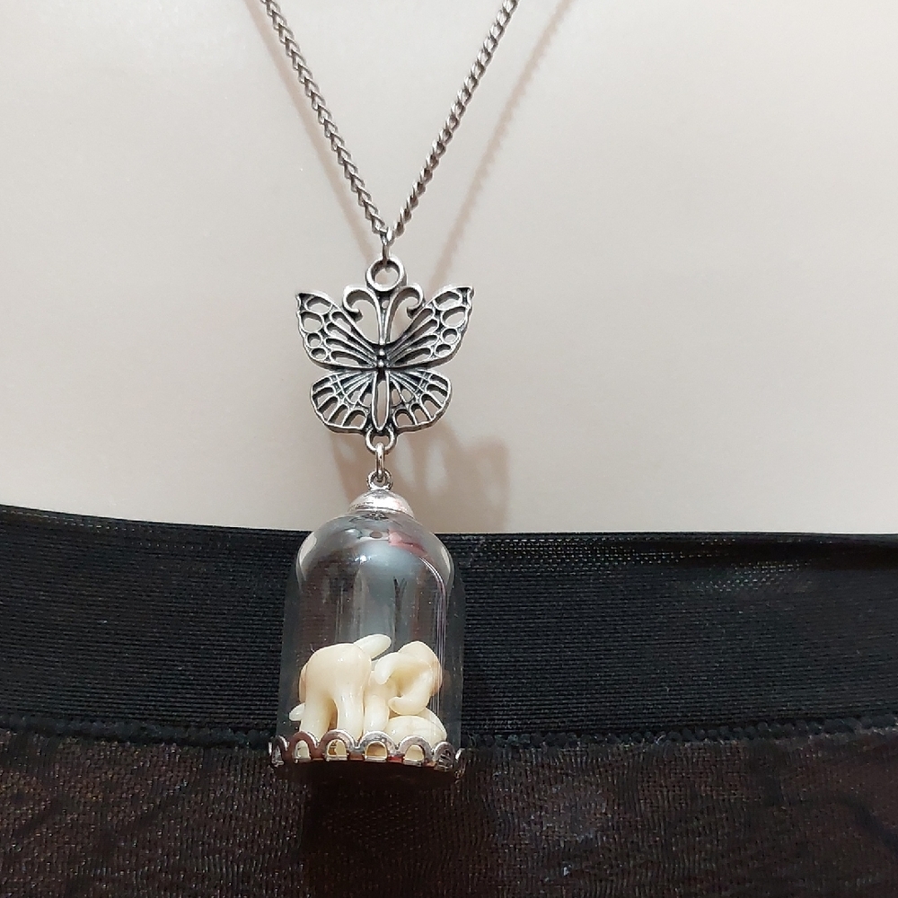 Butterfly Tooth Capsule Pendant Silver Tone Necklace Tooth Fairy Supertition